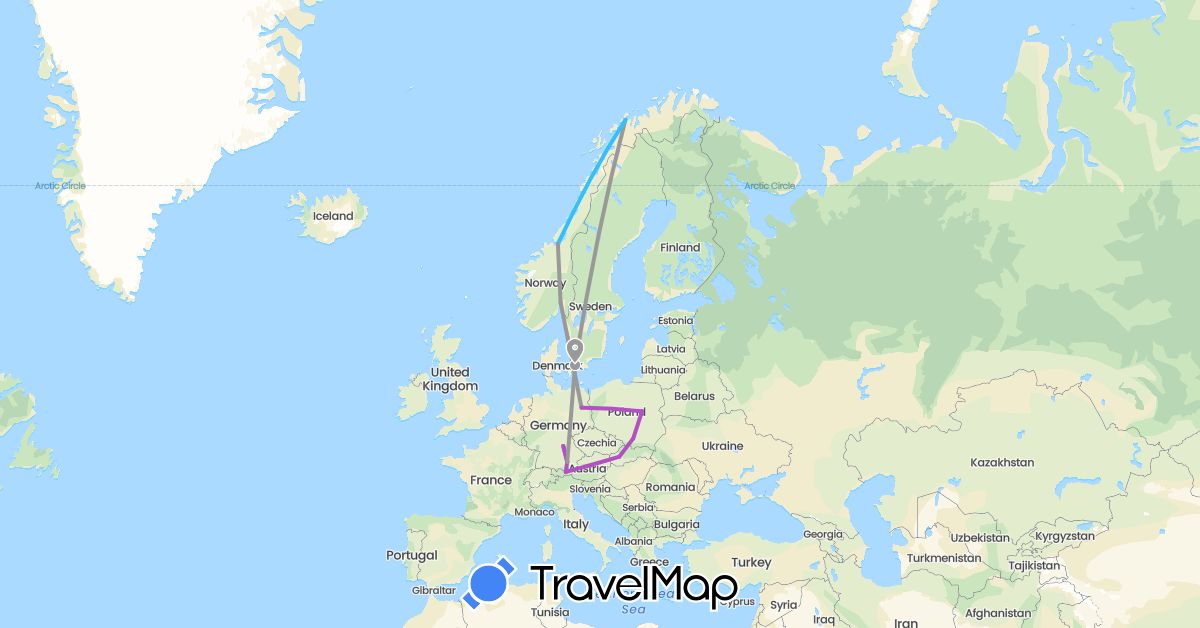 TravelMap itinerary: driving, plane, train, boat in Austria, Germany, Denmark, Norway, Poland, Slovakia (Europe)